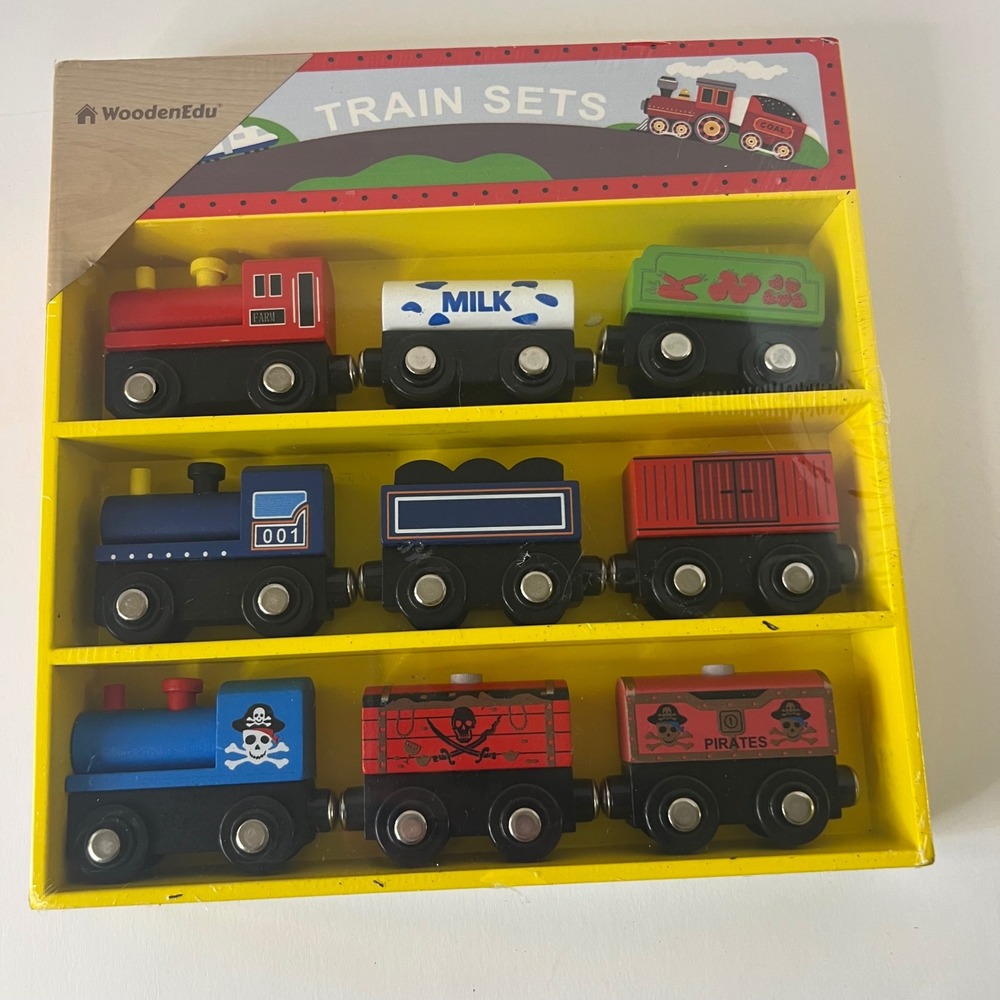 WoodenEdu‎ 9 Piece Magnetic Wooden Train Set with Storage Tray TL72022 NEW
